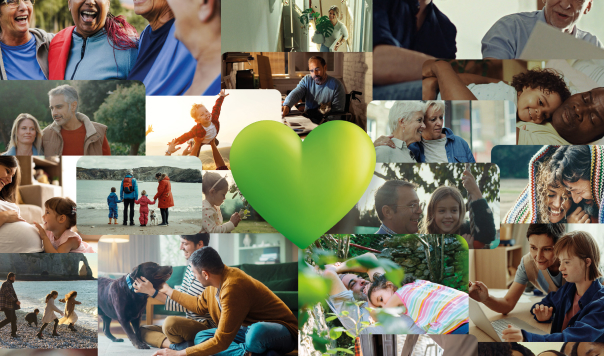 collage of photos with LV= green heart in the middle