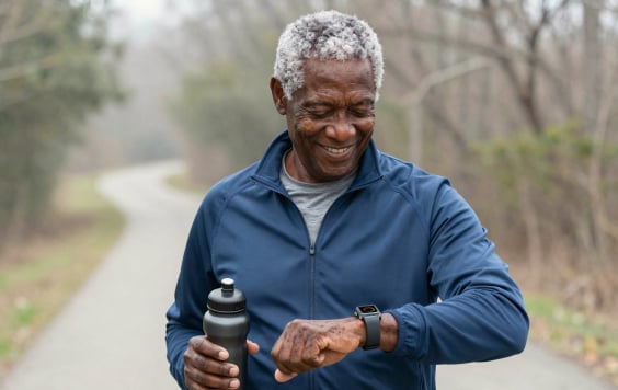 Older black man checking step counter smartwatch