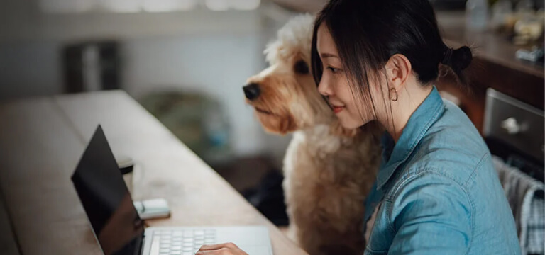 Smiling lady looking at a laptop with her dog by her side