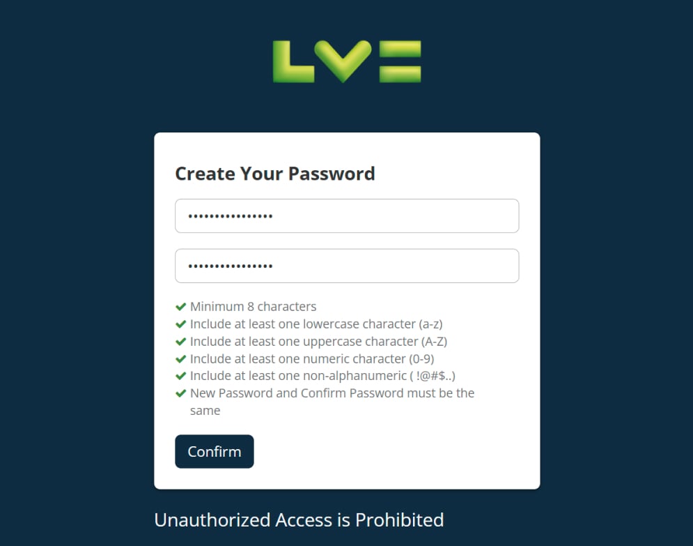 New password requirements screen