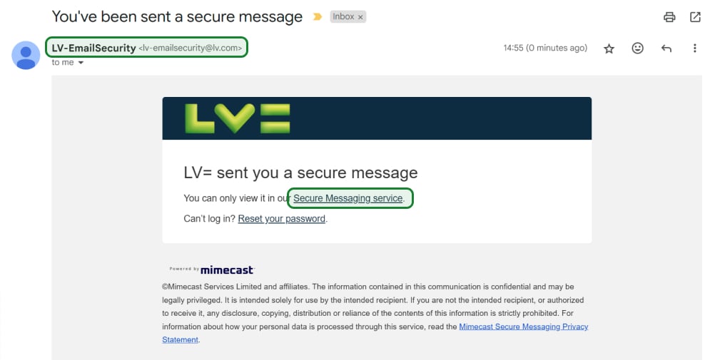 Email highlighting link to Secure Messaging service