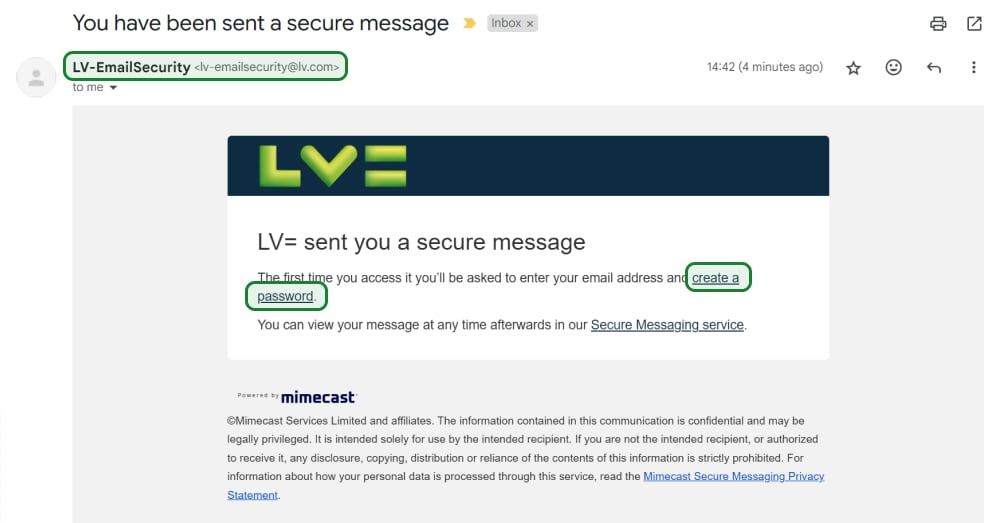 Email highlighting 'Sent from' address and 'create a password' link