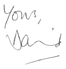 "yours, David" in black text