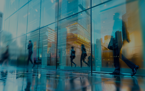 Motion blurred window reflection image of people walking past