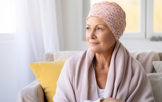 Woman with a head wrap sitting in her lounge, looking out of the window with a knowing smile