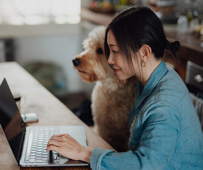 Woman using a laptop at the kitchen table with her dog on her lap