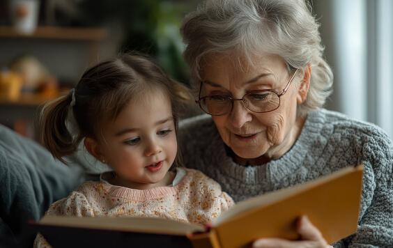 Grandmother and Granddaughter Reading a book