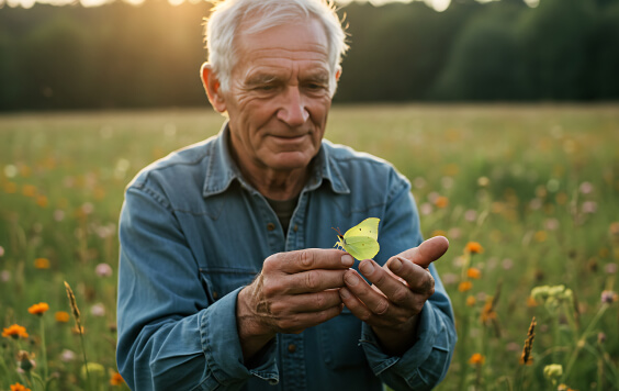 An older man in a wildflower filed holding a butterfly
