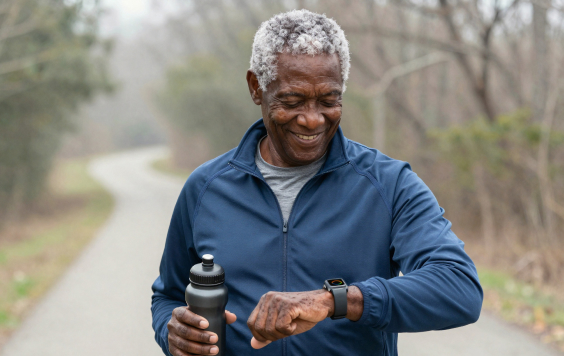 Older black man checking step counter smartwatch