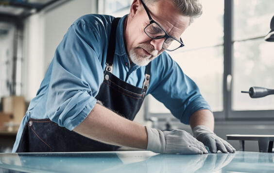 Man cutting glass in factory