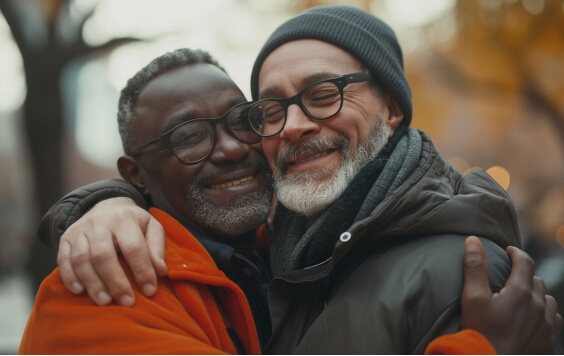 Two males smiling together