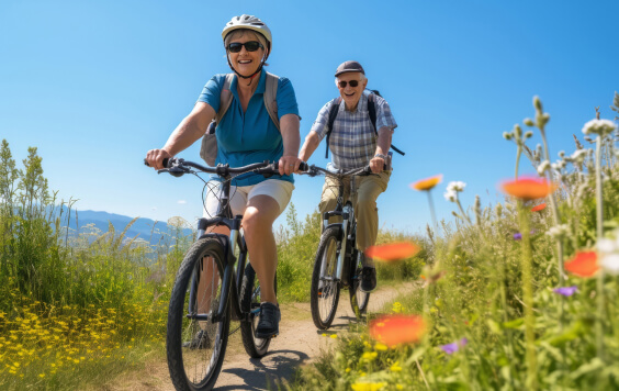 Couple outside cycling