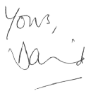 "yours, David" in black text