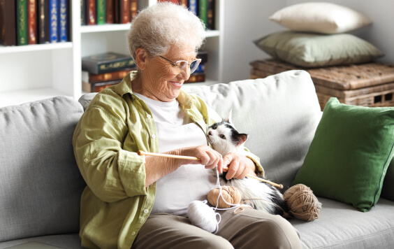 Older woman knitting with her cat