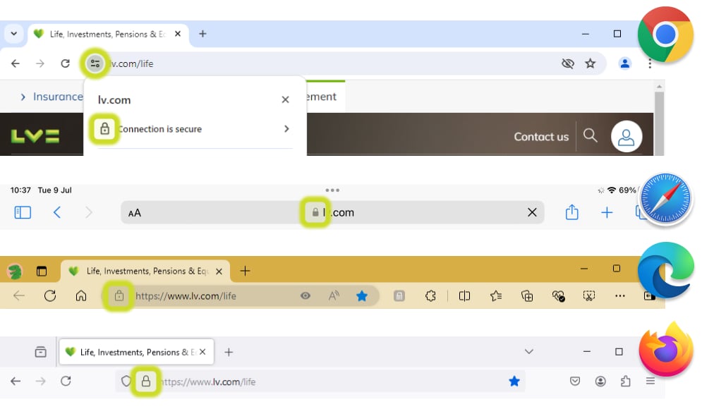 Four browser screenshots with the security icons of each URL highlighted