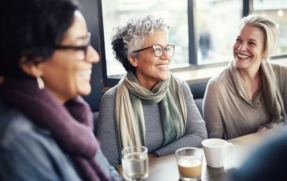Three happy women sat around a table drinking coffee.